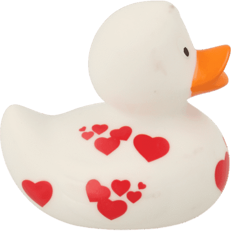 Hvit badeand med røde hjerter