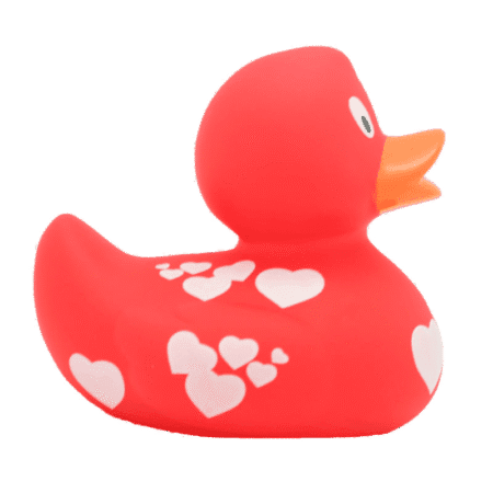 Rød badeand med hvite hjerter